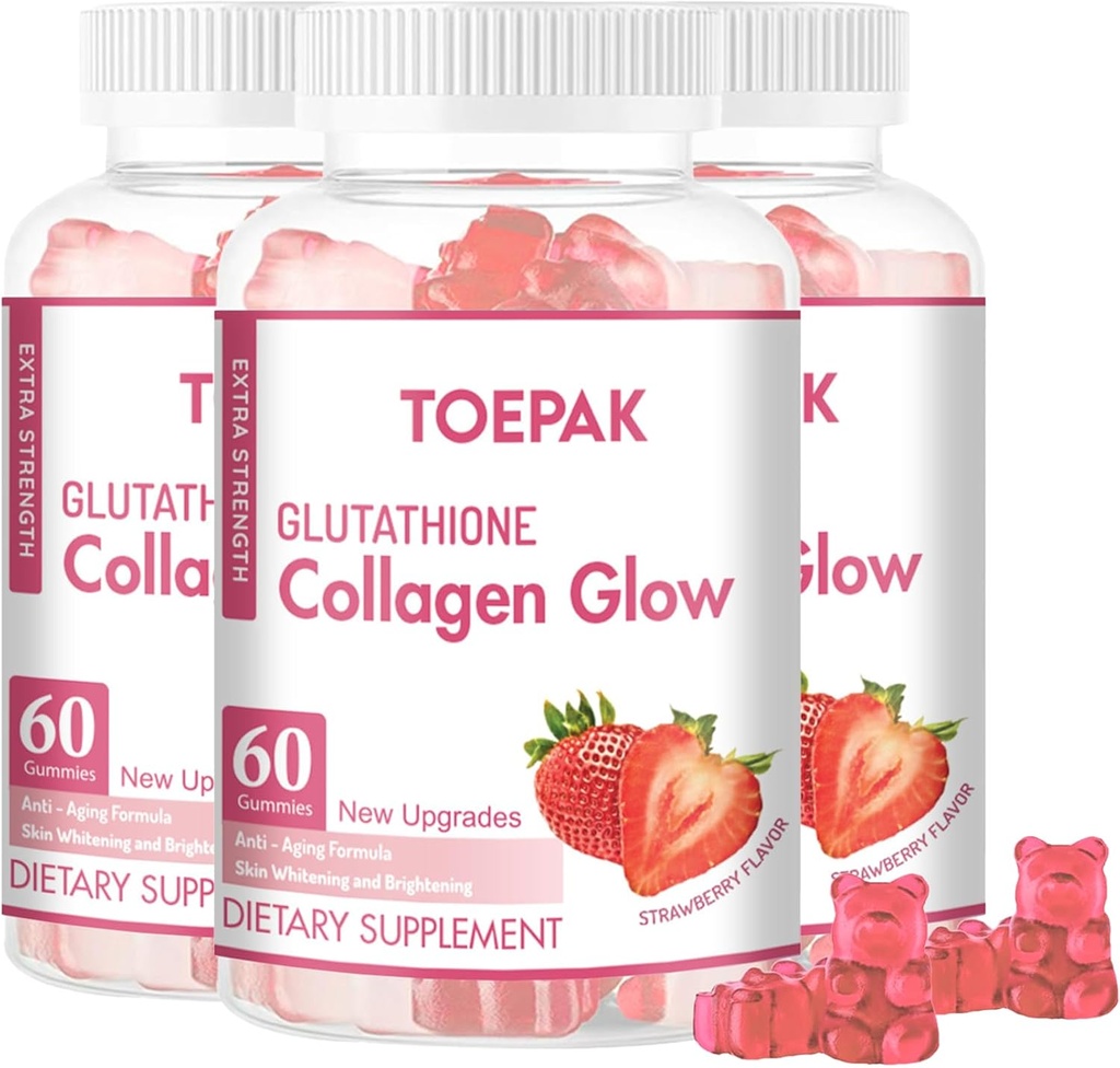 Multi Collagen Protein Glow Beauty Collagen Gummies, Women's Anti-Aging Support with Glutathione, Biotin & Multivitamins, Promotes Skin & Hair Health, Strawberry, 180 Gummies (90 Days)