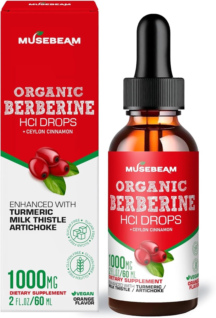 Bio Berberine HCl 1000mg gouttes liquides - avec Ceylan cannelle lait curcuma Chardon Artichaut - Supplément haute biodisponibilité pour hommes femmes - Vegan Sugar Free sans gluten 2fl. oz (60ml)