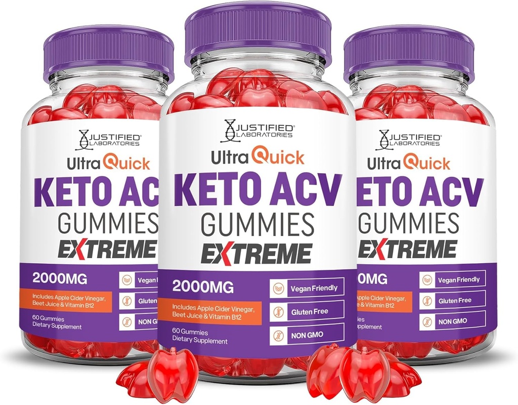 Laboratoires Justifiés (3 Pack Ultra Quick Keto ACV Gummies Extreme 2000MG Ultraquick Keto Gummies vinaigre de cidre de pomme formulé avec le jus de betterave grenade poudre B12 Vegan Non OGM 180 Gummys