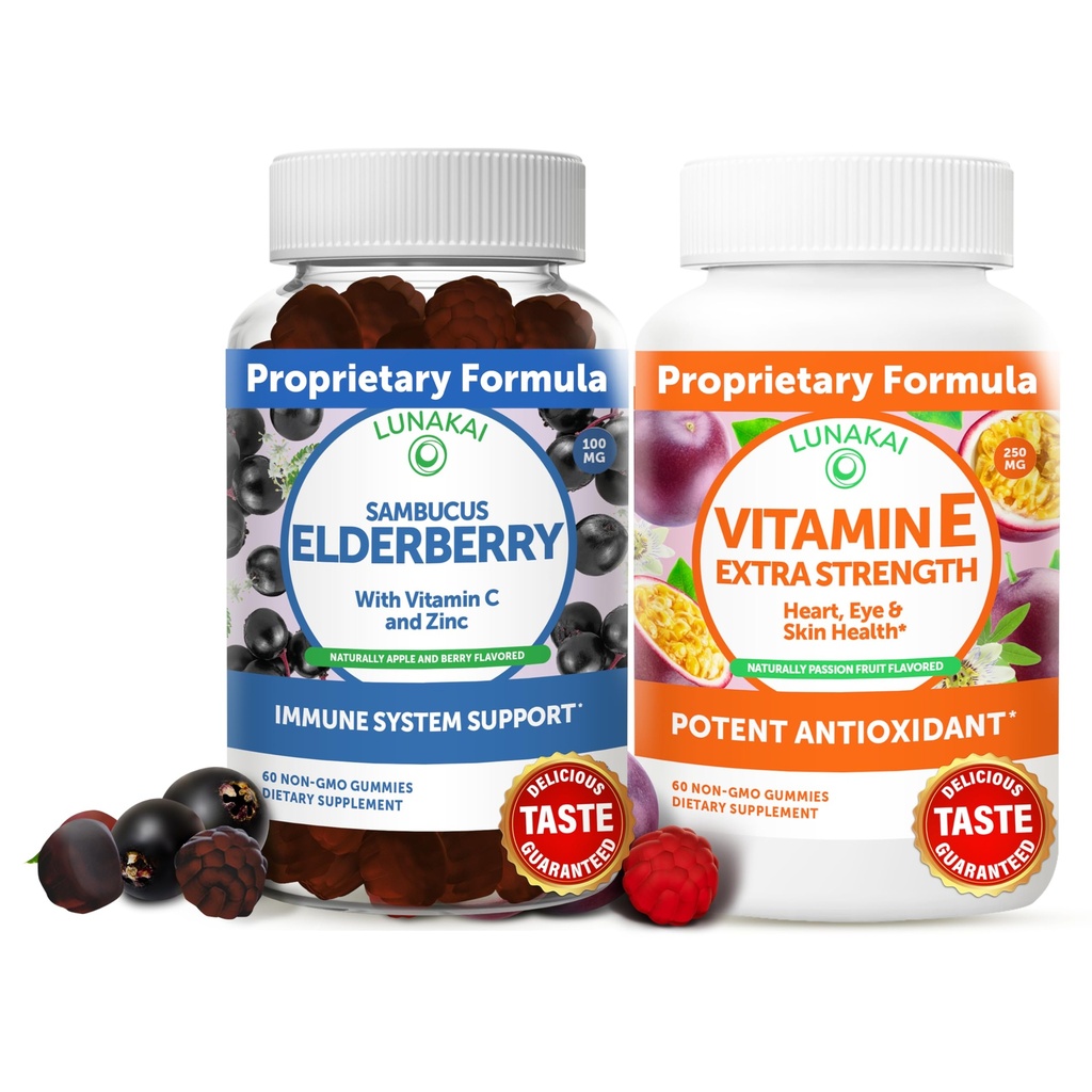 Lunakai Elderberry and Vitamine E Gommies Bundle - Supplément de soutien immunitaire avec zinc et vitamine C Plus 1000iu VIT naturel E Gummy pour la santé des yeux et de la peau