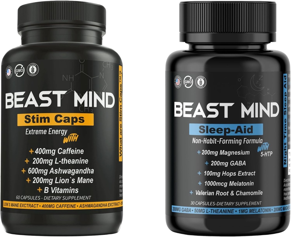 Énergie de jour et de nuit avec l'aide au sommeil 400mg Caféine 600mg Ashwagandha 200mg Lions Mane