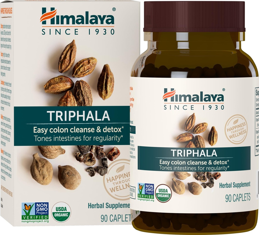 Himalaya Bio Triphala, 90 jours d'approvisionnement - Supplément de santé digestif pour le nettoyage des colonies et le soulagement occasionnel du gonflement et de la constipation - USDA biologique, végétalien, non-OGM, sans gluten, 688 mg, 90 capsules