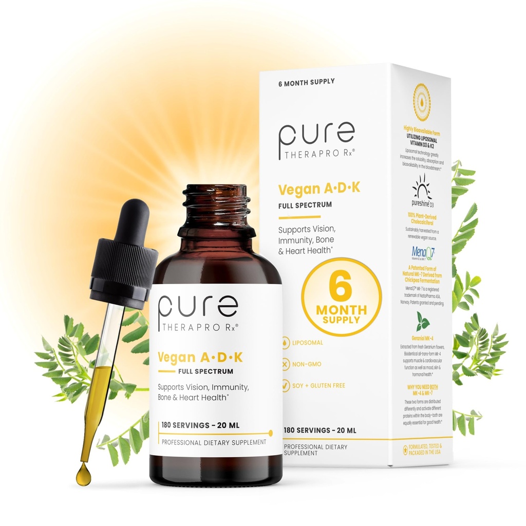 Pure TheraPro Rx Vegan A-D-K gouttes-6 Mon Approvisionnement-Vitamine A(Palmitate & Betacarotène), Vitamine liposomale D3(sous forme de cholécalciférol végétalien), Vitamine liposomale K2(MK-4 & MK-7)Supporte Immunité et santé osseuse-20mL