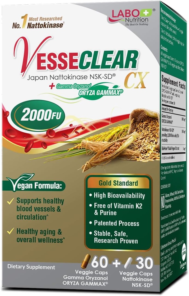 LABO Nutrition VesseCLEAR CX: Nattokinase NSK-SD + Gamma Oryzanol pour un vaisseau sanguin propre et un vieillissement sain, le plus cliniquement étudié au Japon, soutenir le cholestérol sain, le coeur, végétalien, résistant à l'acide