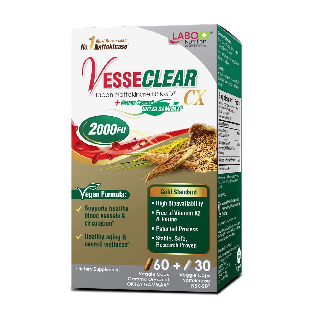 LABO Nutrition VesseCLEAR CX: Nattokinase NSK-SD + Gamma Oryzanol pour un vaisseau sanguin propre et un vieillissement sain, le plus cliniquement étudié au Japon, soutenir le cholestérol sain, le coeur, végétalien, résistant à l'acide