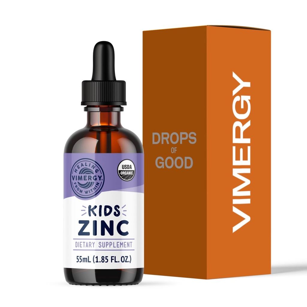 VIMERGY Kids USDA Sulfate de zinc liquide biologique – pour les enfants et l'adolescence 1-18 ans, support immunitaire à absorption rapide* – favorise des os sains, cheveux et peau. Kosher, végétalien, non-OGM – 55 mL