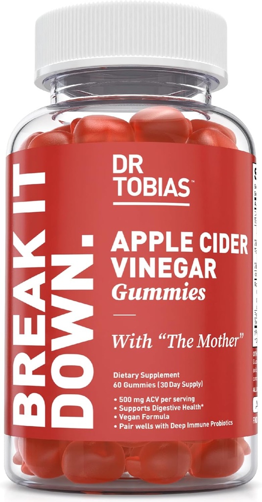 Dr Tobias Cider Vinegar Gommies avec la mère, 500mg de vinaigre de cidre de pomme par portion, plus folate, B6, B12 & Iodine, soutient la santé digestive, Gut Cleanse & Detox, Vegan, 60 Gommies
