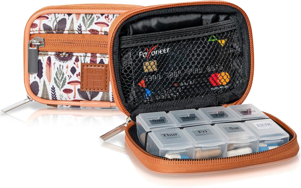 Made Easy Kit Pill Case - Weekly Medicine Organizer with Removable Seven-Day Vitamin & Supplement Box (Light Brown Woods)