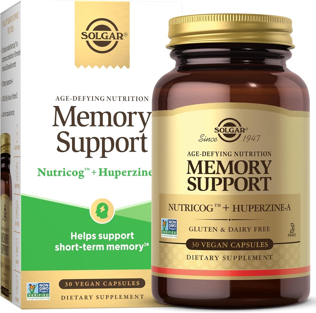 Solgar Memory Support Cerveau Complément alimentaire pour mémoire et focus, Nutricog étudié cliniquement, Vitamine D & Huperzine-A, Nootropic Cerveau Health Supplément, Healthy Aging Support, 30 portions