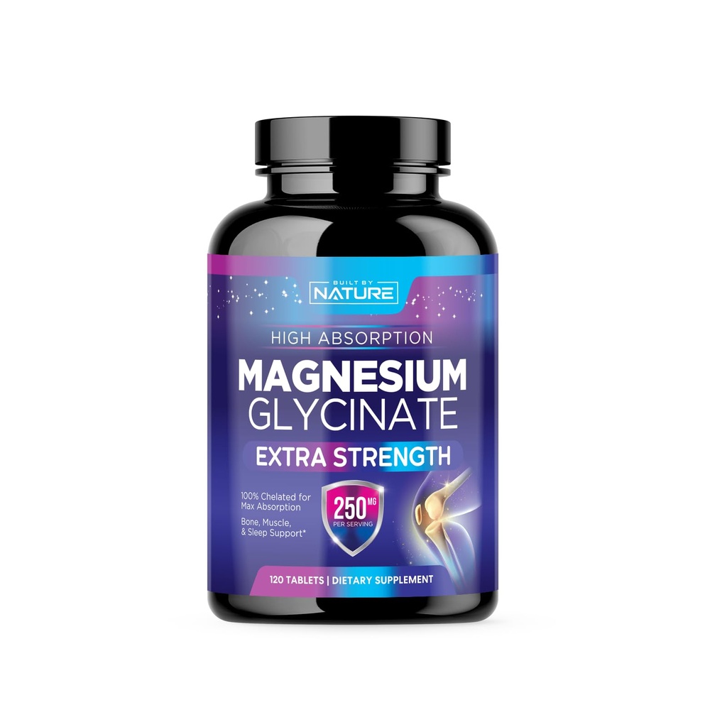 Magnésium Glycinate 250mg - Supplément de magnésium chélaté à haute absorption - 100% Magnésium pur Glycinate - Stress, Sommeil, Coeur et Muscle Soutien de la santé - Non-OGM, Vegan, Sans gluten (120 comprimés)