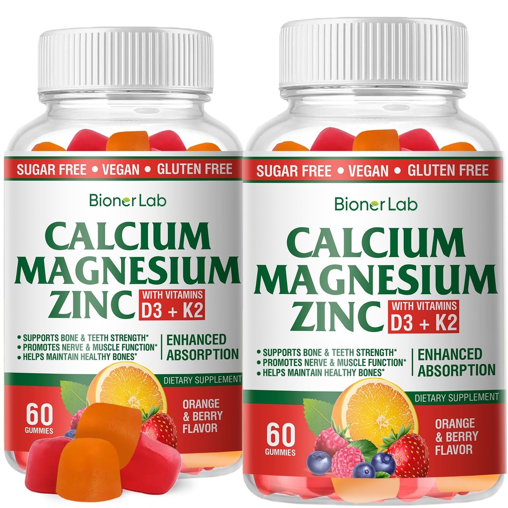 BionerLab Calcium Magnésium Zinc Gommies avec Vitamine D3 & K2 - Absorption améliorée de haute puissance - Orange et aromatisé aux baies