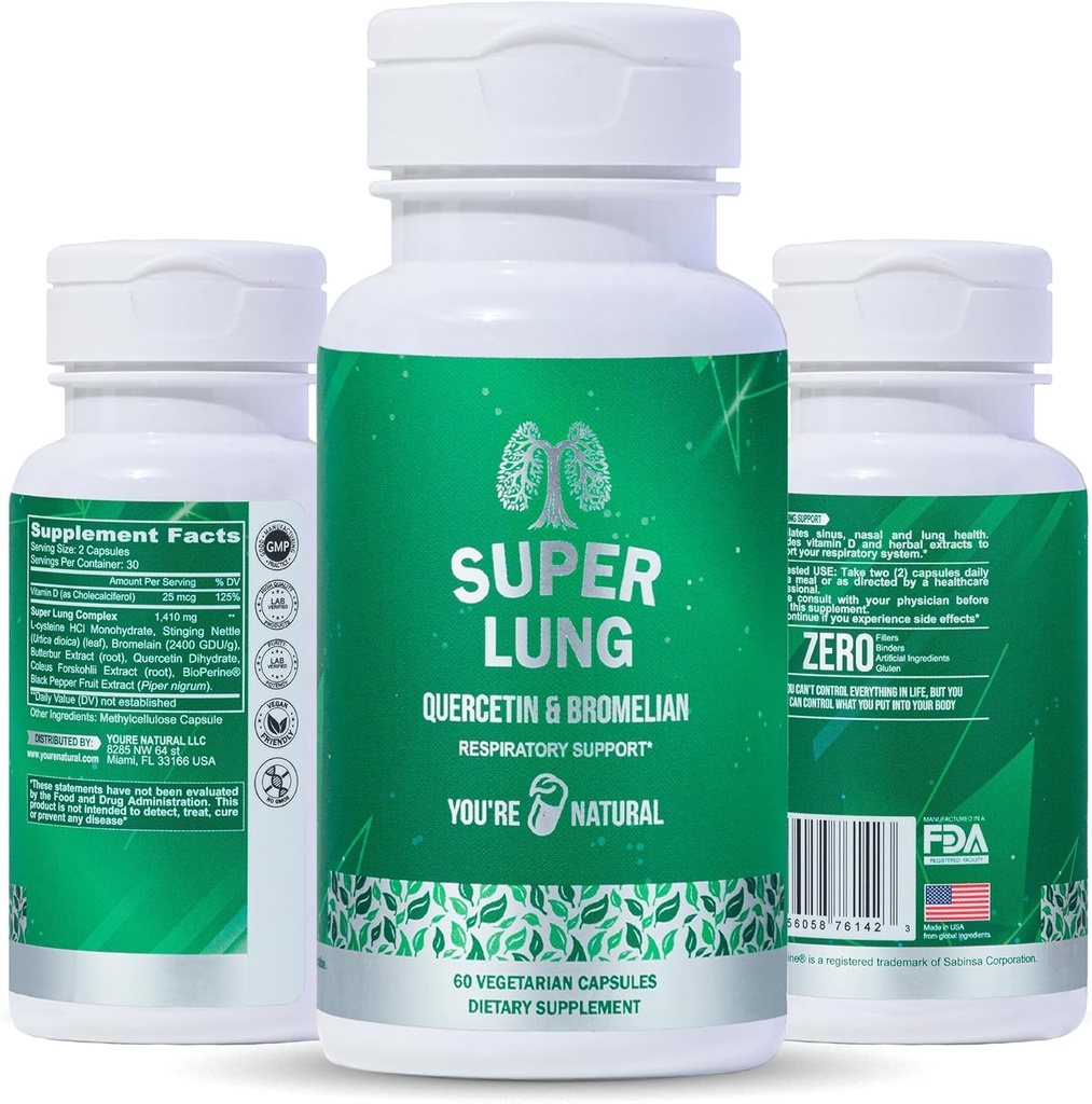 You're NATURAL Lung Support Supplement & Respiration Health, Promote Nasal, Chest & Bronchial Health, Support Immune System, Open and Clear Airways - Quercetin, Bromelain, Vitamine D - 30 jours d'approvisionnement
