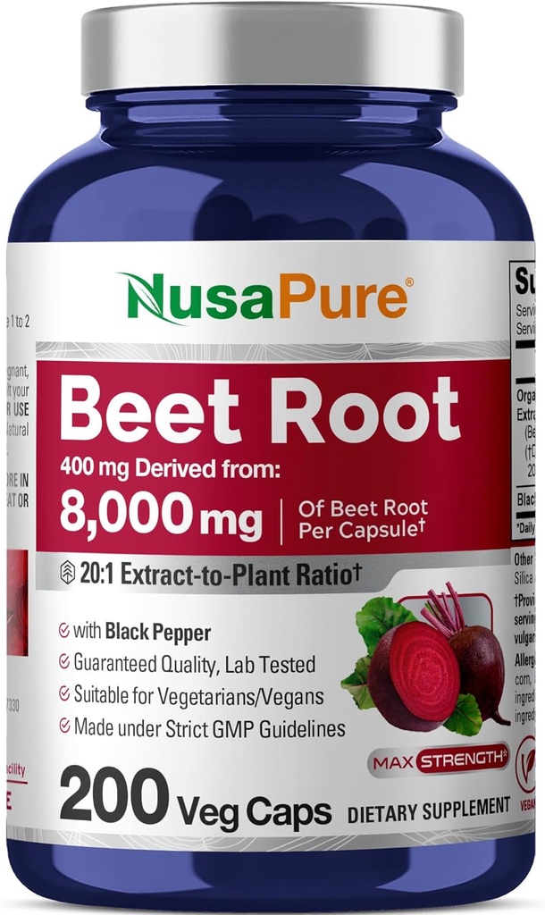 NusaPure racine de betterave biologique 20:1 Extrait, 400 mg Équivalent à 8 000 mg - Poivre noir 4:1 Extrait, 10 mg - 200 capsules de légumes (Vegan, non-OGM)