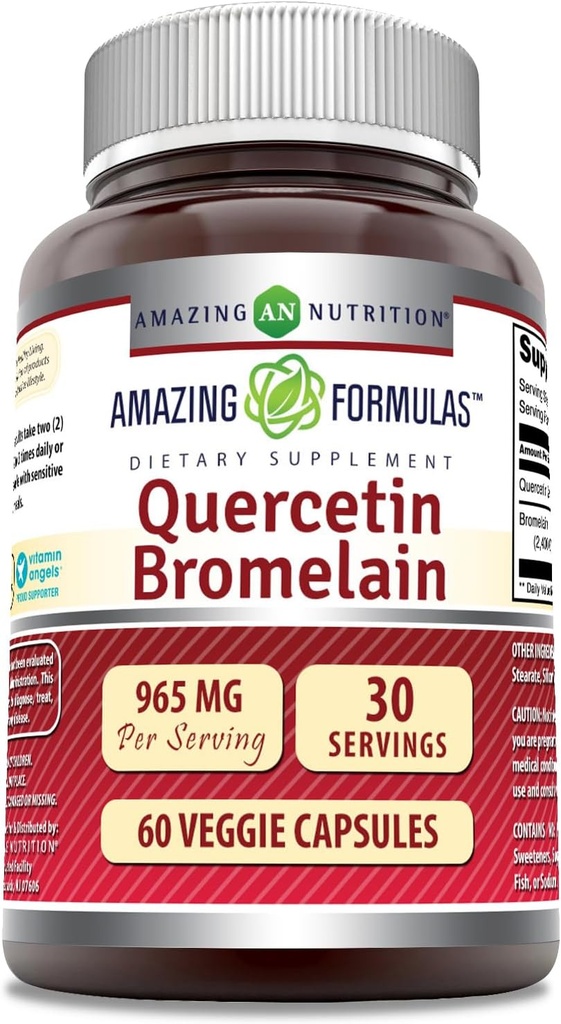 Amazing Nutrition Quercetin 800 Mg with Bromelain 165 Mg Veggie Capsules Supplement | Non-GMO | Gluten Free | Made in USA | Suitable for Vegetarians (60)