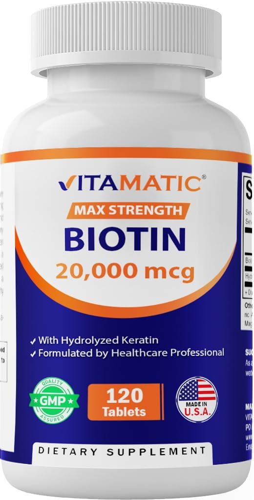 Biotine Vitamatique à haute puissance 20000 mcg (20mg) avec kératine 100mg - 120 comprimés végétariens - Suppléments Biotine pour la peau et les ongles des cheveux sains pour les adultes (120 Nombre (paquet de 1))