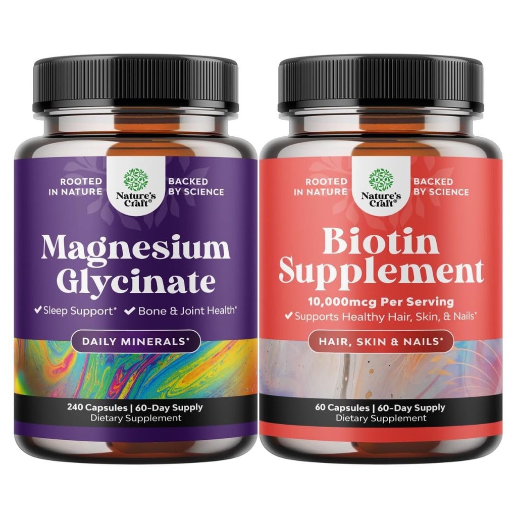 Ensemble de Glycinat de Magnésium pur 400mg par service pour le sommeil d'humeur et la relaxation 240ct et pur pilules de biotine pour les femmes hommes - Stop perte de cheveux mince supplément naturel