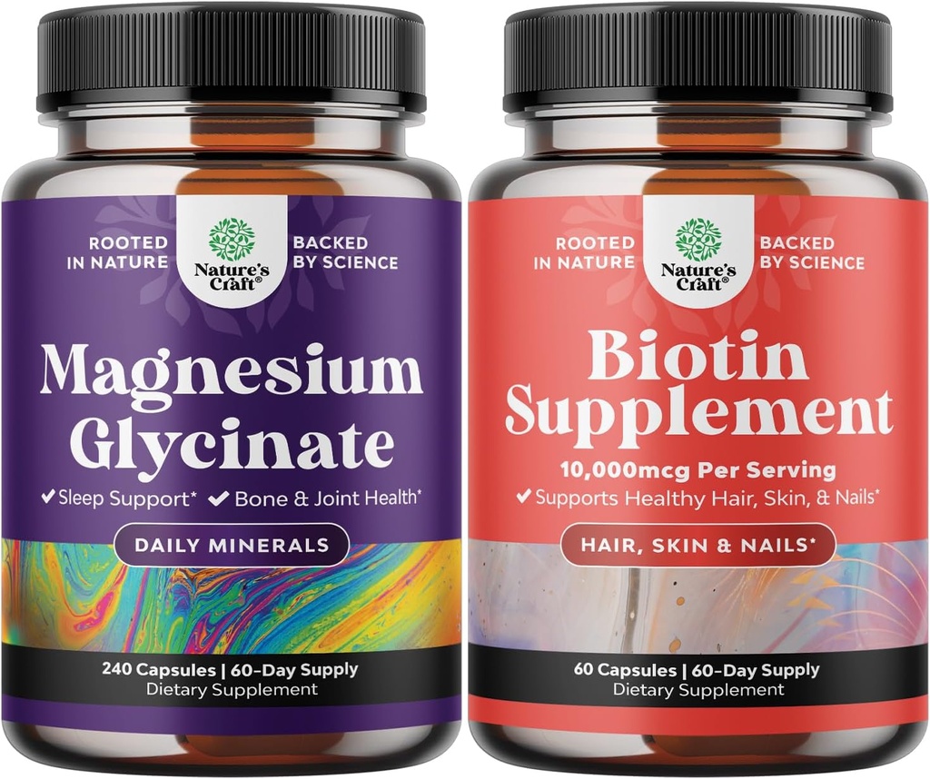 Ensemble de Glycinat de Magnésium pur 400mg par service pour le sommeil d'humeur et la relaxation 240ct et pur pilules de biotine pour les femmes hommes - Stop perte de cheveux mince supplément naturel