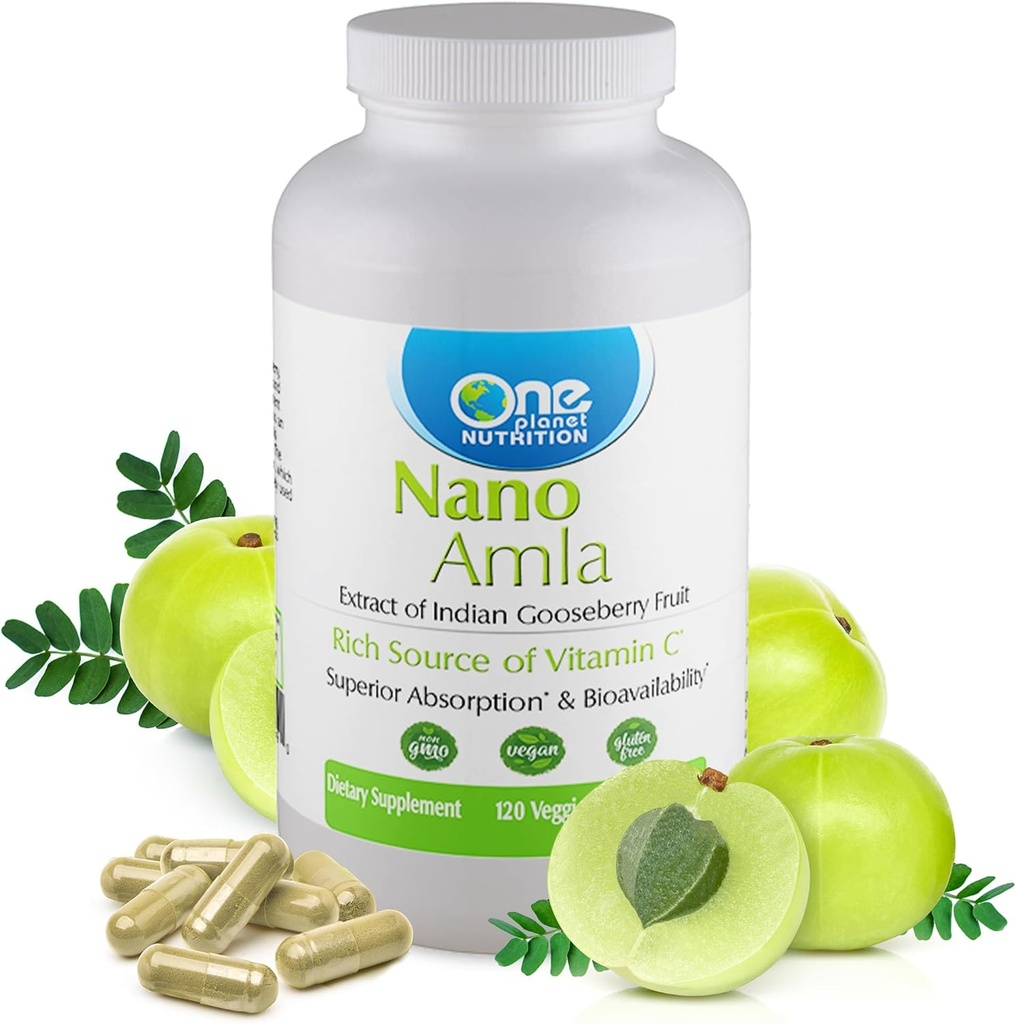 One Planet Nutrition Nano Amla 500 mg Capsules de légumes (120 portions), Extrait de fruits Amla, riche en vitamine C pour la production de collagène et le soutien immunitaire, non OGM, végétalien, sans gluten