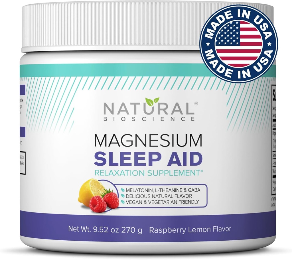 Magnésium Sleep Night Time Poudre - Citrate de magnésium, Magnésium Glycinate avec Melatonine, L-Theanine et GABA Aide au sommeil, Supplément de sommeil naturel, Vegan, Sans gluten, Arôme citron de framboise