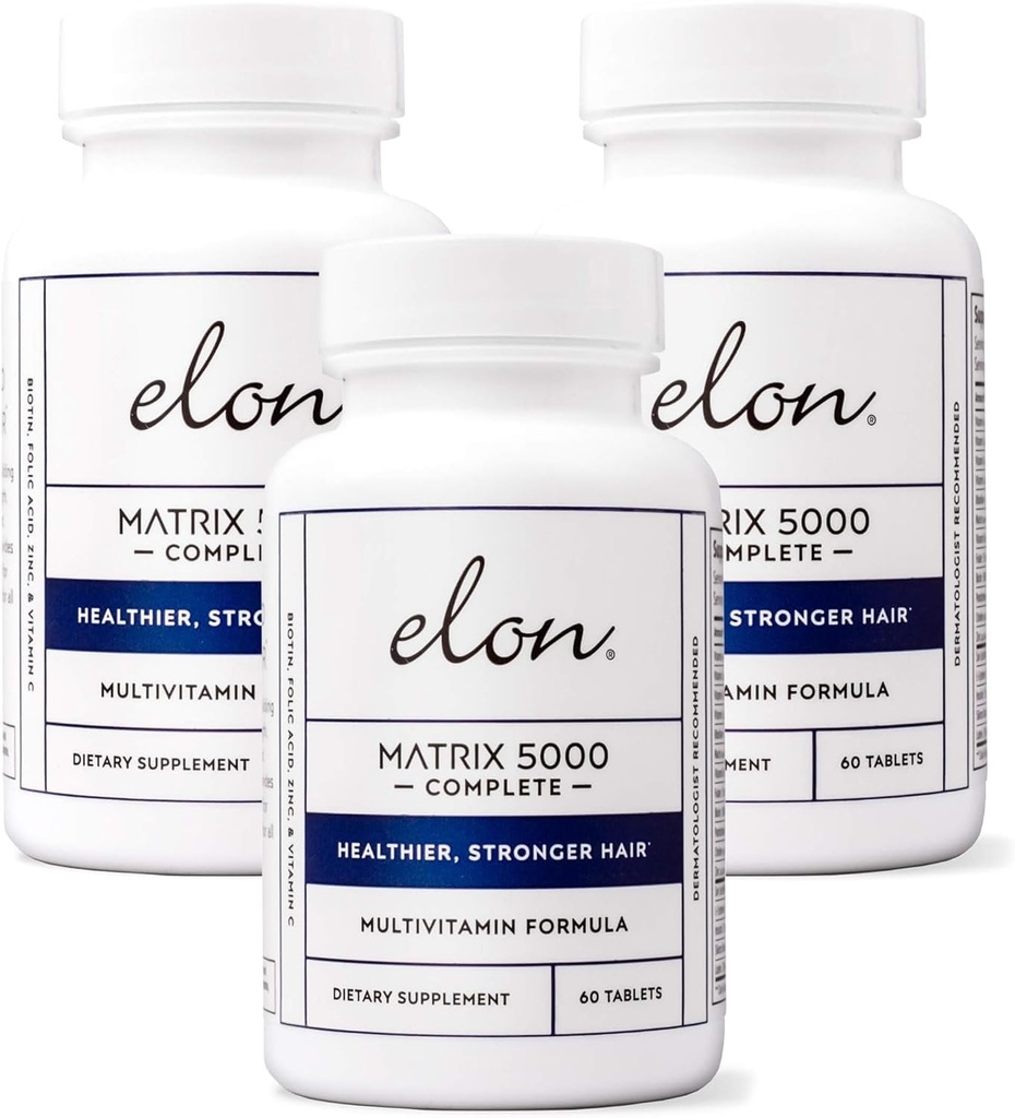 Elon Matrix 5000 Multivitamine complète — Vitamines de croissance de la peau, des cheveux et des ongles — Vitamines de croissance des cheveux sains pour les femmes et les hommes — Supplément de biotine de 5000 mg, lot de 3 (180 jours d'approvisionnement)