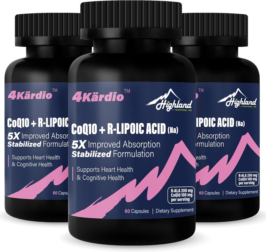 CoQ10 100mg + Acide R-Lipoique 200mg par portion, 3 mois d'approvisionnement, jusqu'à 5X Absorption améliorée, R-Lipoic Acid/CoQ10 Supplément pour la santé cardiaque et la santé cognitive-180 Capsules
