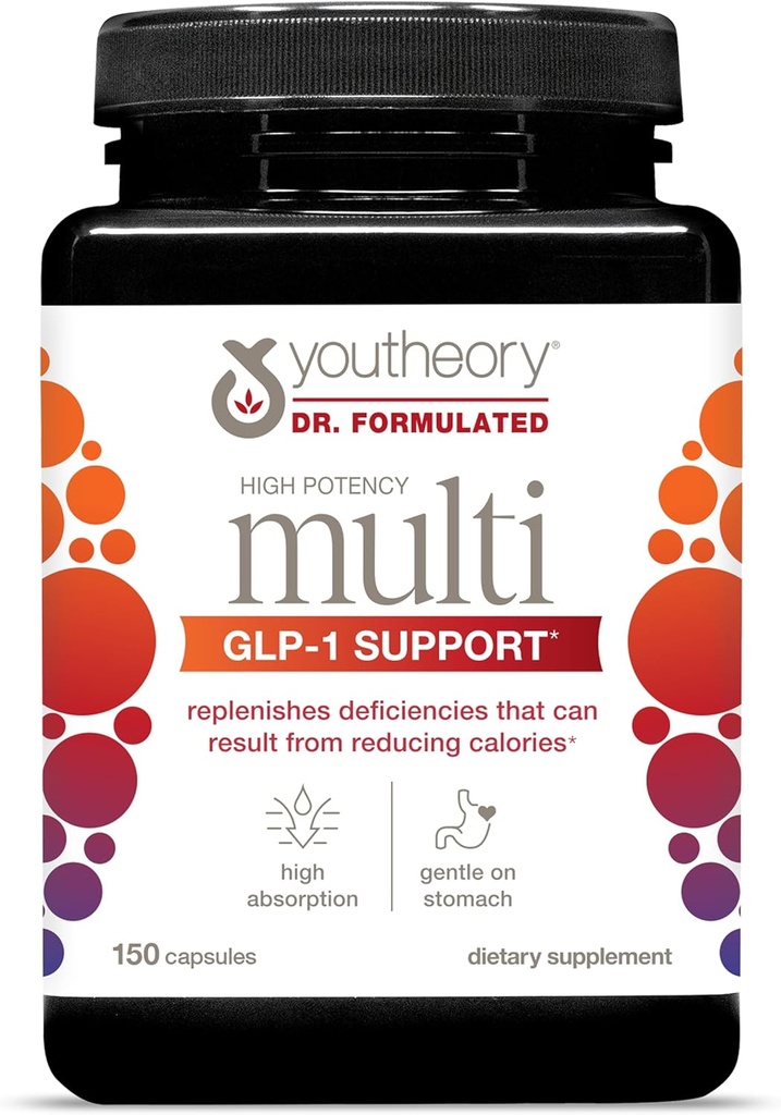Youtheory High Potency Multi GLP-1 Support - High Absorption Multivitamins - for Immune Support & Bone Health - Gentle on Stomach - Vitamin D, C, Iron & More - 150 Vegetarian Capsules