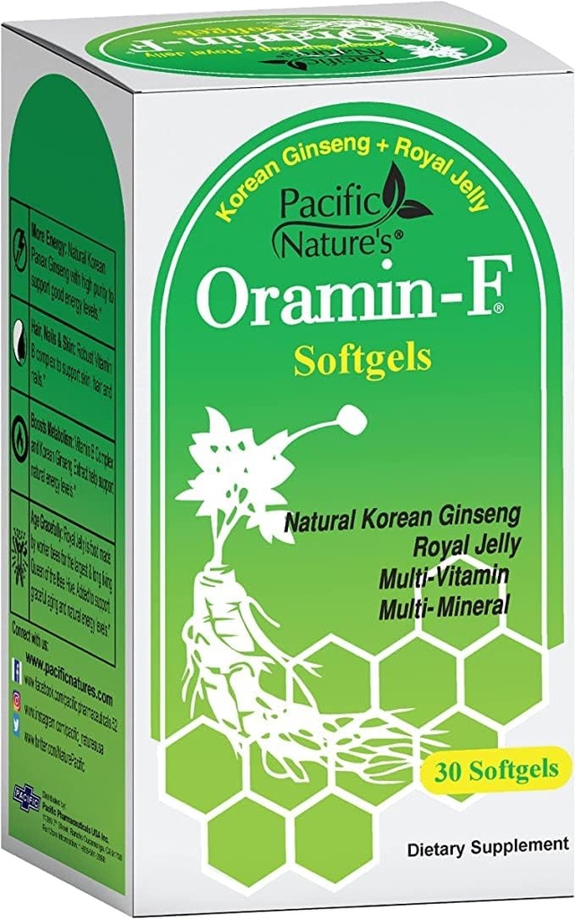 L'oramine F (30 Softgels) de Pacific Nature avec ginseng coréen, gelée royale, complexe de vitamine B et zinc pour l'énergie, l'immunité et le soutien nutritionnel