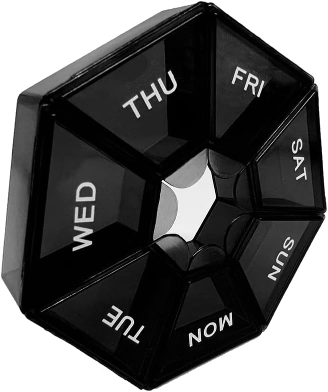 Black Daily Pill Case - Organisateur de pilules de voyage de 7 jours avec 1 fois par jour de compartiments