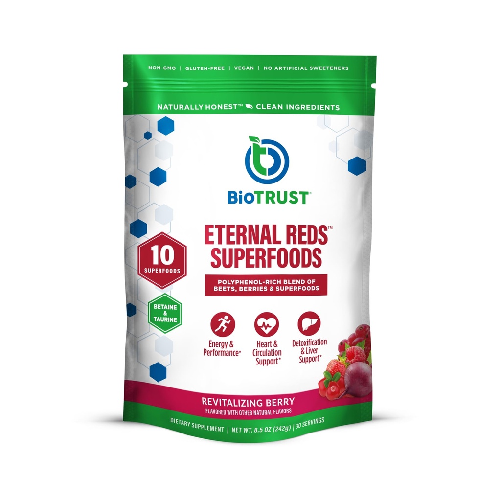 BioTrust Eternal Reds, Red Superfoods Poudre, Soutien pour la santé cardiaque et la circulation, Énergie, Stamine, Pas de sucre ou de caféine ajouté, naturellement aromatisé et sucré, Berry Flavor (30 portions)