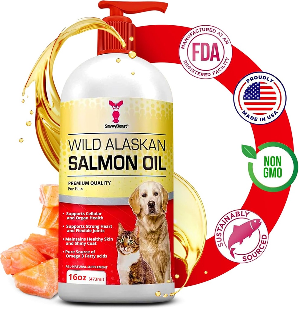 SavvyBeast Wild Alaskan Salmon Oil for Dogs, Cats & Ferrets – supplément d'huile de poisson Omega-3 avec EPA & DHA – soutient la peau, le manteau, les articulations, le cœur, le cerveau, le soulagement des démangeaisons et l'Immune – sans parfum – 16 oz