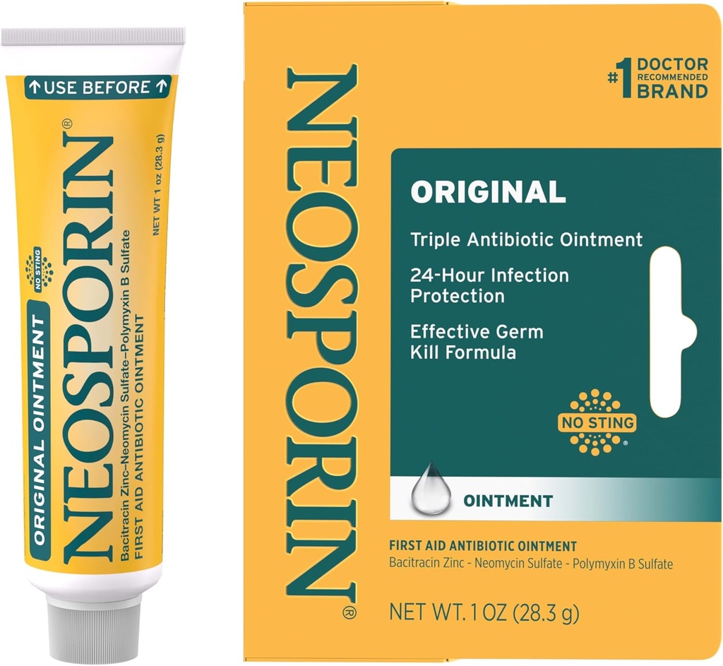 Neosporin Premiers soins d'origine Triple onguent antibiotique, Bacitracine Zinc & Neomycin Sulfate Protection, soin des plaies Traitement et apparence de la cicatrice Minimisateur pour les coupures, scorpes et brûlures mineures, 1 oz