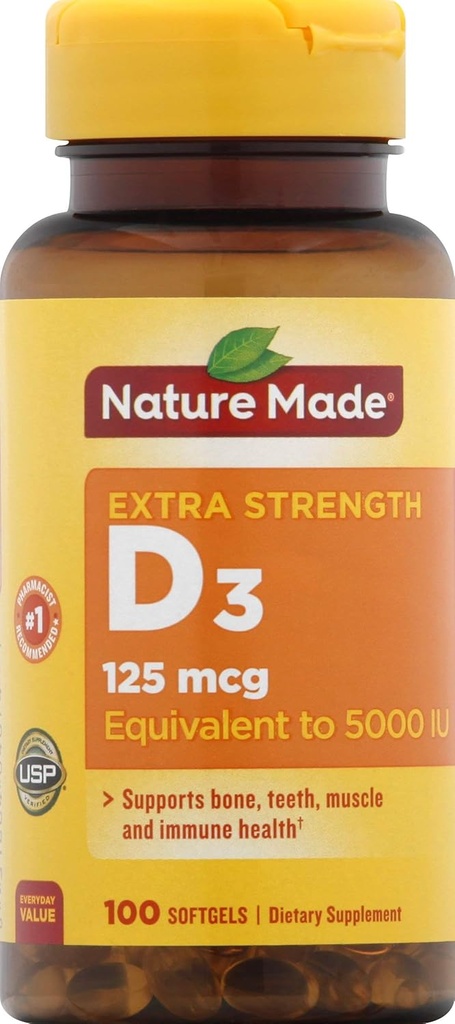 Nature faite de vitamine D3 complément alimentaire Softgels, 5000 I.U, 100 Compte