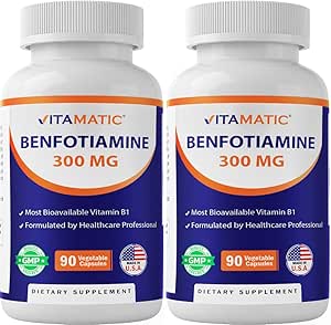 Benfotiamine Vitamatique 300 mg – Fat-Soluble Vitamine B1 – 90 capsules végétariennes par bouteille – 2 bouteilles (Total 180 capsules)
