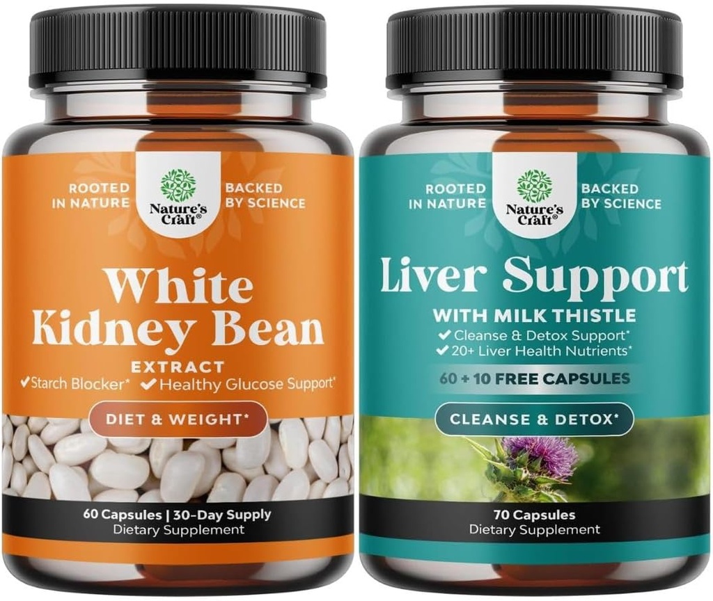 Bundle of Natural White Kidney Bean Extract - Digestive Health Dietary Fiber and Workout Supplement and Liver Cleanse and Detox & Repair Formula - Herbal Liver Support Supplement with Milk Thistle