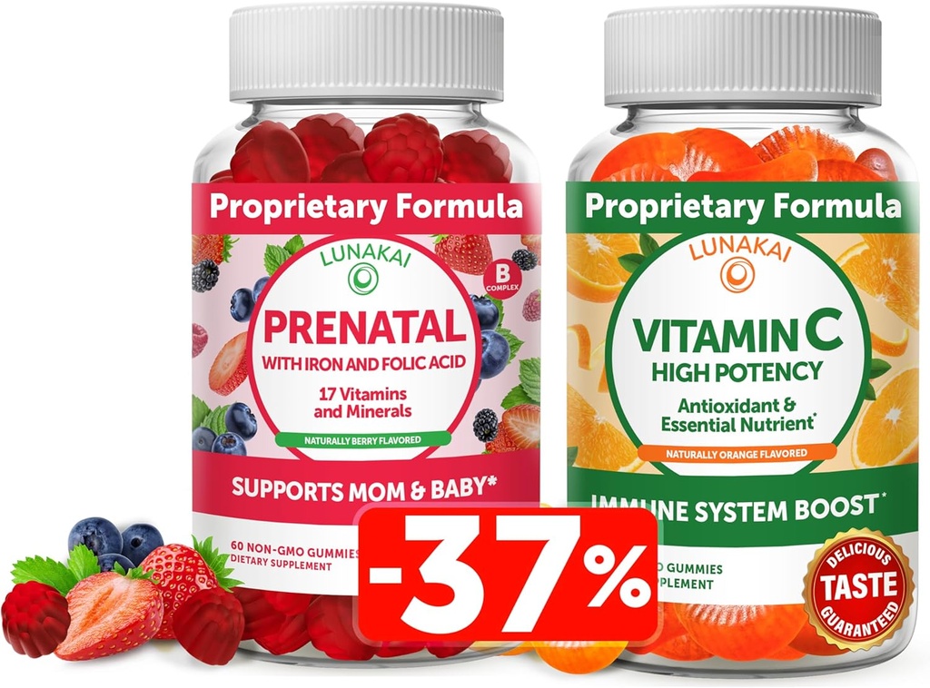 Lunakai Prenatal and Vitamin C Gummies Bundle - Pregnancy Multivitamin Supplement with Iron & Folic Acid - 300mg Organic, Non-GMO, Vegan Chewable Gummy - 30 Days Supply