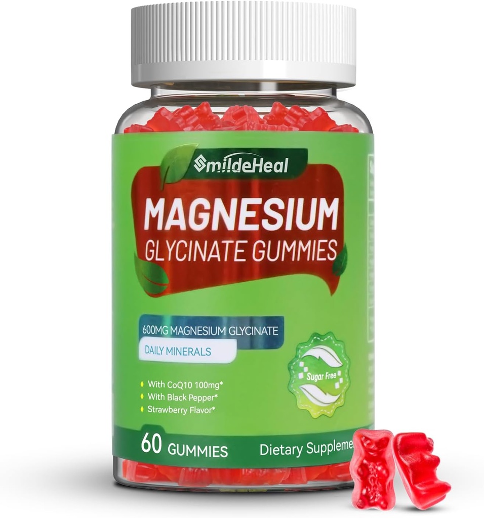 Glycinat de magnésium 600mg pour les femmes et les hommes, avec Magnésium L-Thréonate 300mg, CoQ10 et poivre noir, Vegan (60 comte)