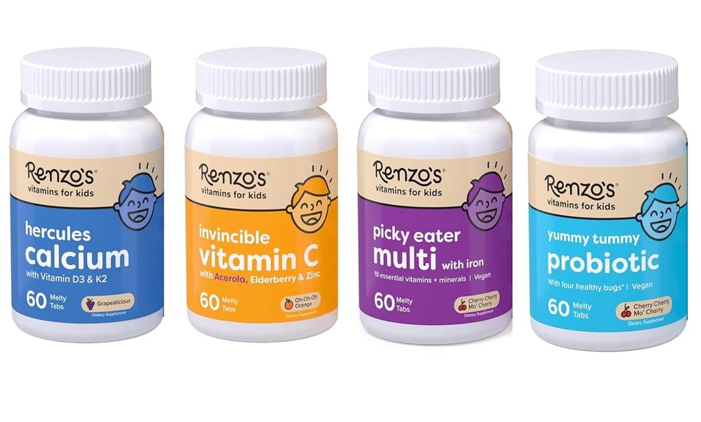 Renzo's Vitamines Kid Essential Bundle - Probiotique, Vitamine C avec Elderberry & Zinc pour le soutien immunitaire, Picky Eater Kids Multivitamine et Hercules Calcium