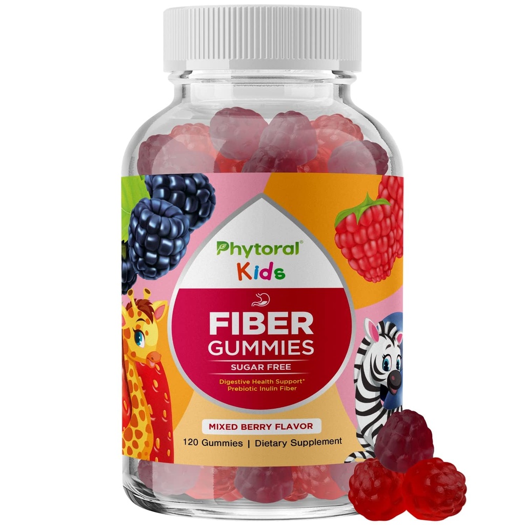Gommies de fibre prébiotique élevée pour les enfants - Suppléments de fibre diététique pour la digestion et la constipation - Gommies de la racine de chicorée pour les enfants immunes - Suppléments nutritionnels non OGM et végétaliens - 120 Compte