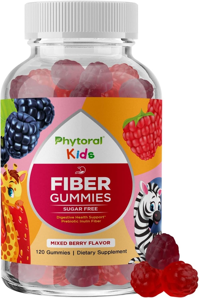 Gommies de fibre prébiotique élevée pour les enfants - Suppléments de fibre diététique pour la digestion et la constipation - Gommies de la racine de chicorée pour les enfants immunes - Suppléments nutritionnels non OGM et végétaliens - 120 Compte
