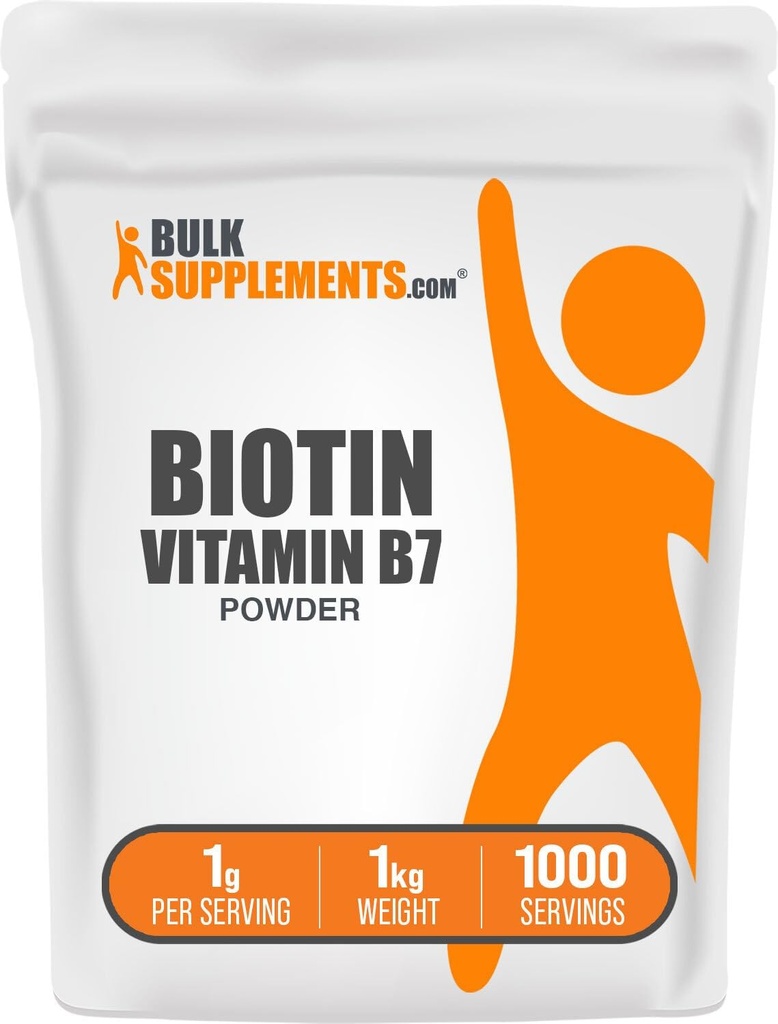 BulkSupplements.com Biotine 10000mcg Poudre - Vitamine B7, Vitamines pour cheveux, peau et ongles - Sans gluten, 1g par portion (10mg Biotine), 1kg (2,2 lbs) (paquet de 1)