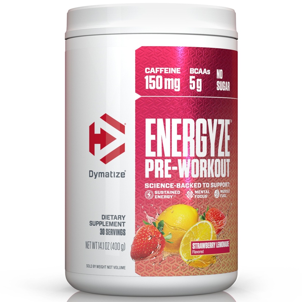 Dymatize Energyze poudre pré-entraînement pour les hommes et les femmes, fraise, 150mg caféine, 5g BCAAs, mélange de performance de L-Theanine, L-Tyrosine, L-Citrulline, Pas de sucre (30 portions)