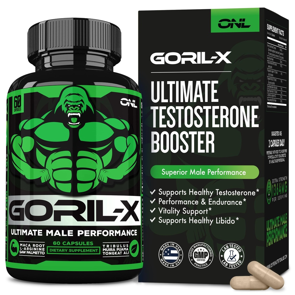 GORIL-X booster testostérone pour les hommes - Supplément testostérone d'entraînement - Augmenter la taille, la force et l'énergie - 1000mg Male Enhancing Horny Goat Weed - Maca Root, Tongkat Ali & Tribulus Terrestris 60 capsules