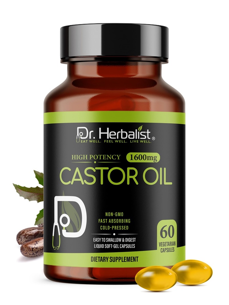 Dr. HERBALIST Capsules d'huile de ricin - 1600mg par portion, 60 Nombre - Non-OGM, Absorbant rapidement, Végétarien, pressé à froid et haute puissance - Supporte la peau, les cheveux, les laxatifs naturels et la santé digestive