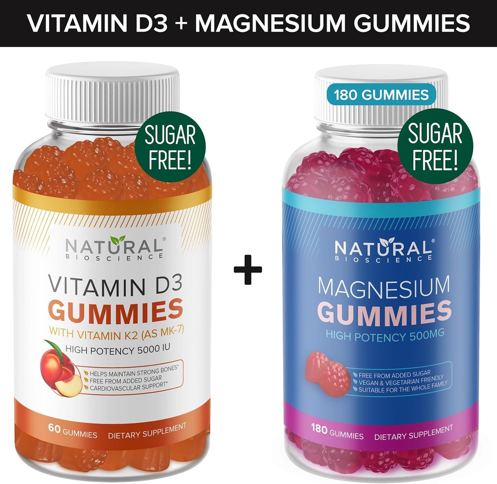 Vitamine D3 K2 sans sucre Gommies (60 Gommies) et Gommies de magnésium sans sucre (180 Gommies), Vitamine D3 Gommies 5000 UI+K2 MK7 80 mcg, Gommies de citrate de magnésium 500 mg