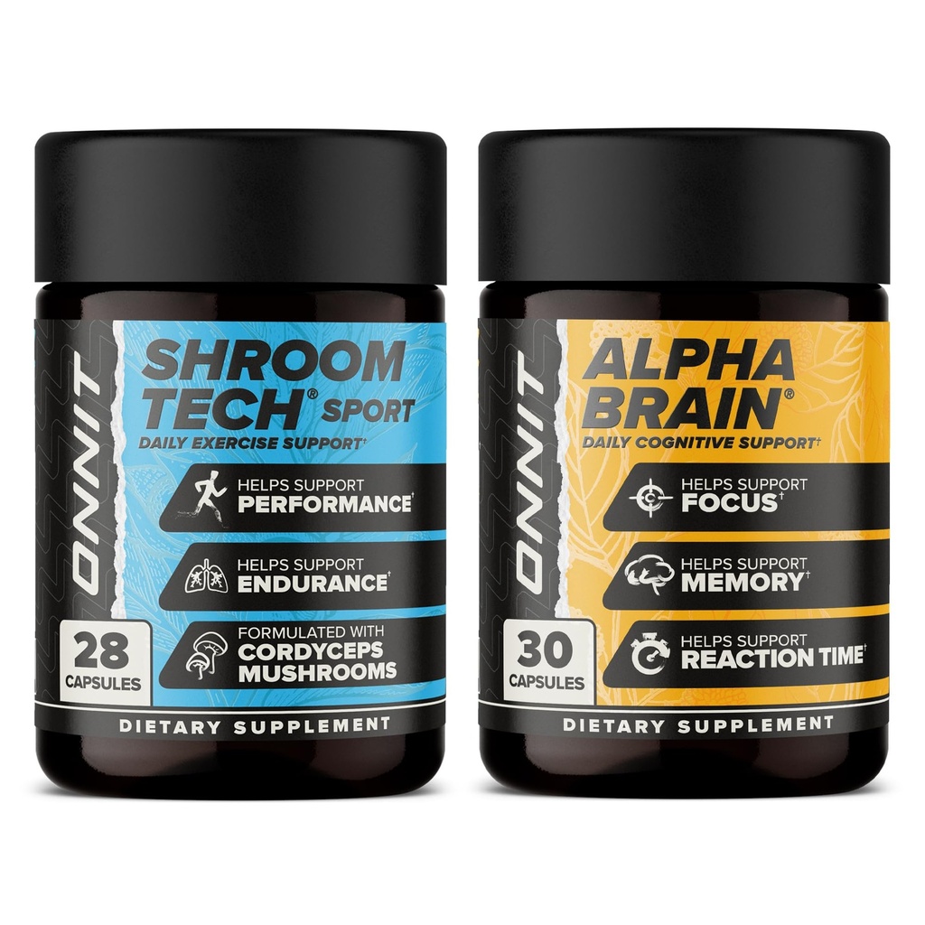 ONNIT Premium Alpha Brain Bundle - Supplément Cerveau Nootropique (30 comte) pour Focus, Concentration et Mémoire + Shroom Tech Sport pour l'exercice, l'énergie et la performance cardiovasculaire (28 comte)
