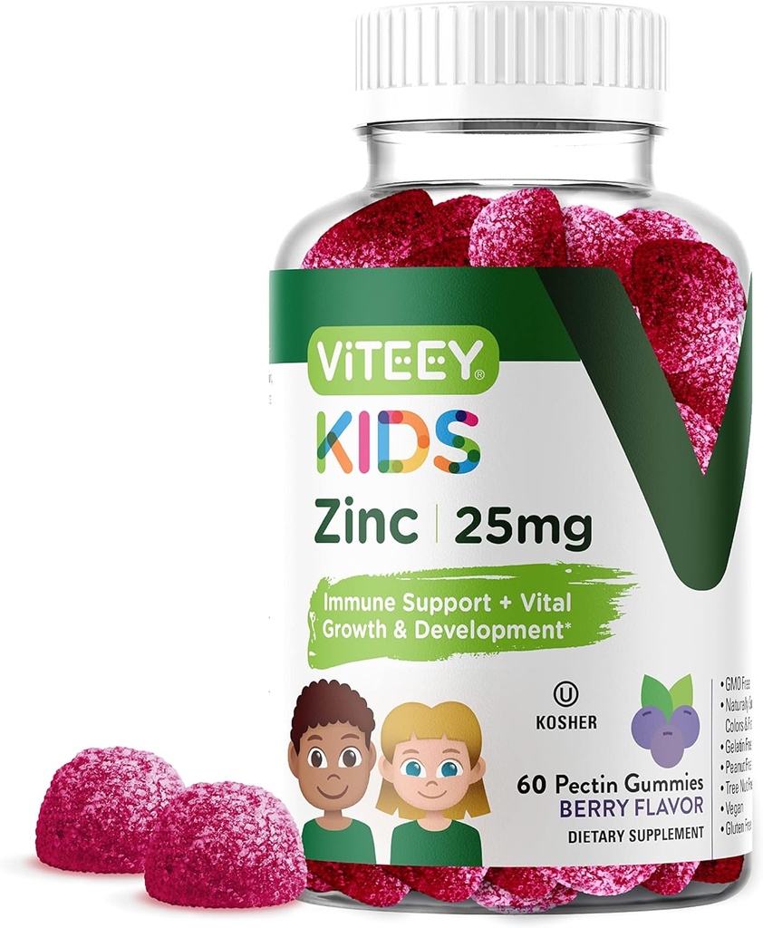 Viteey Zinc for Kids Gummies, 25mg - Immune Support - Powerful Natural Antioxidant, Kids Zinc Vitamin Supplement - Vegan, Gelatin Free, Gluten Free - Tasty Chewable Berry Flavor Gummy