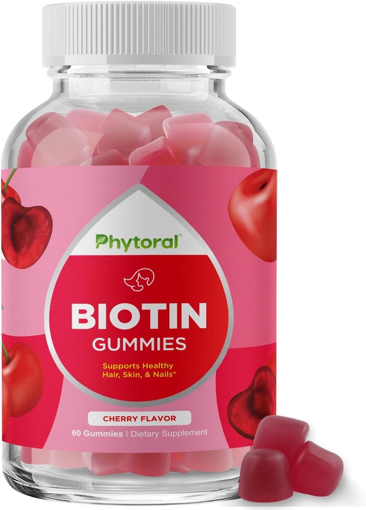 Gommies de Biotine Phytorale pour la croissance des cheveux et des ongles - Gommies de Biotine pour le soin des cheveux Soins et ongles jeunes - 5000mcg par service des ongles de peau Vitamines Beauté adulte