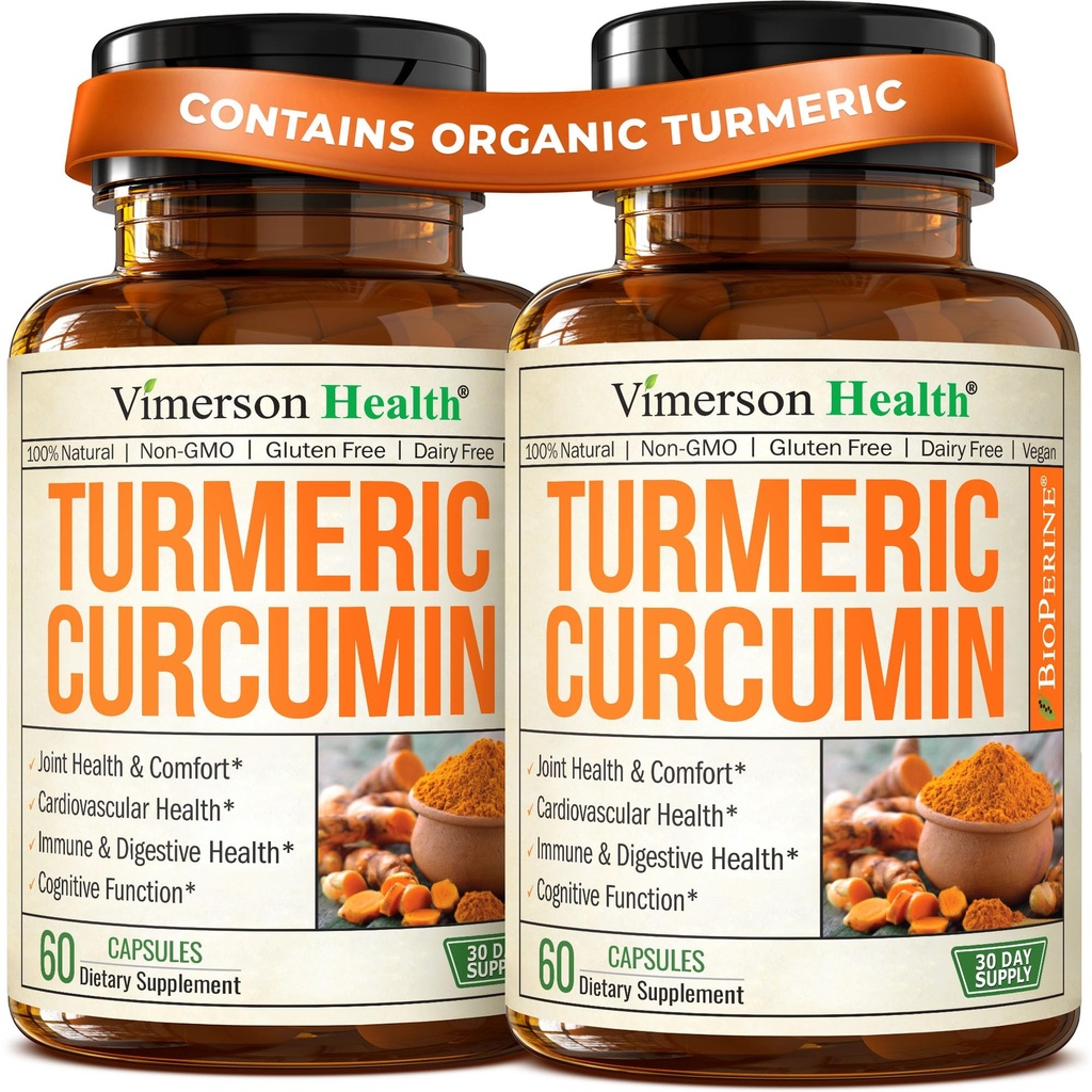 Supplément curcumin curcumin curcumin avec extrait de poivre noir - Turcuma biologique haute puissance 1200mg et 95% Curcuminoides pour la santé articulaire et digestive - Supplément de soutien interarmées - 60 Capsules Curcuma - 2 Pack