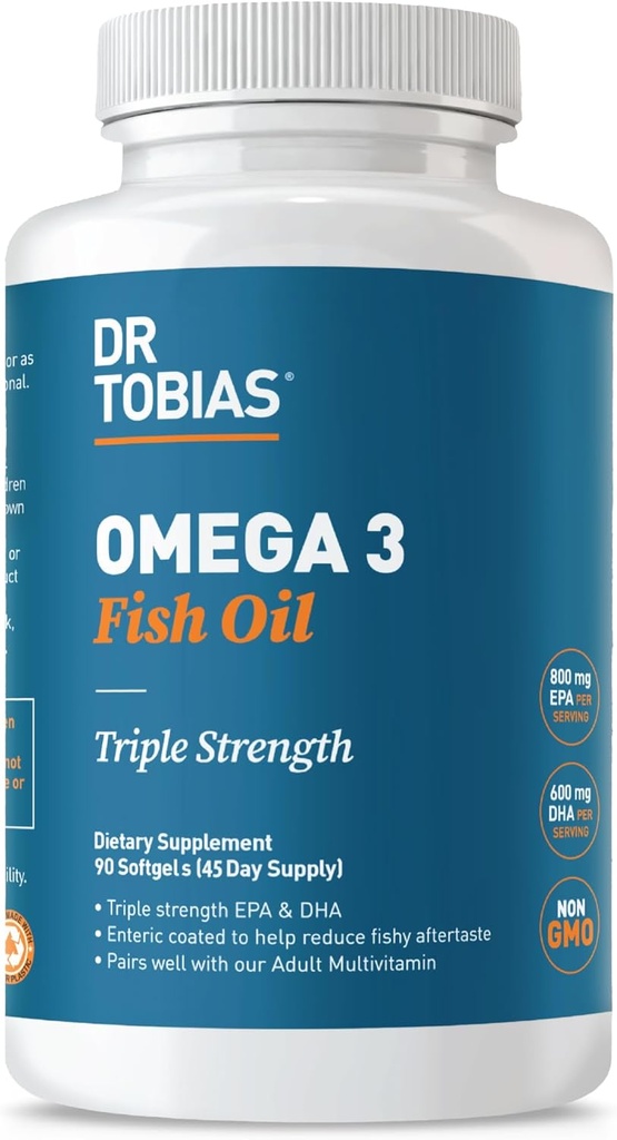 Dr Tobias Omega 3 Huile de poisson, 2000mg Triple Strength avec 800mg EPA 600mg DHA par service, Huile de poisson Omega 3 Suppléments pour le cœur, le cerveau et le soutien immunitaire, 90 Softgels, 45 portions