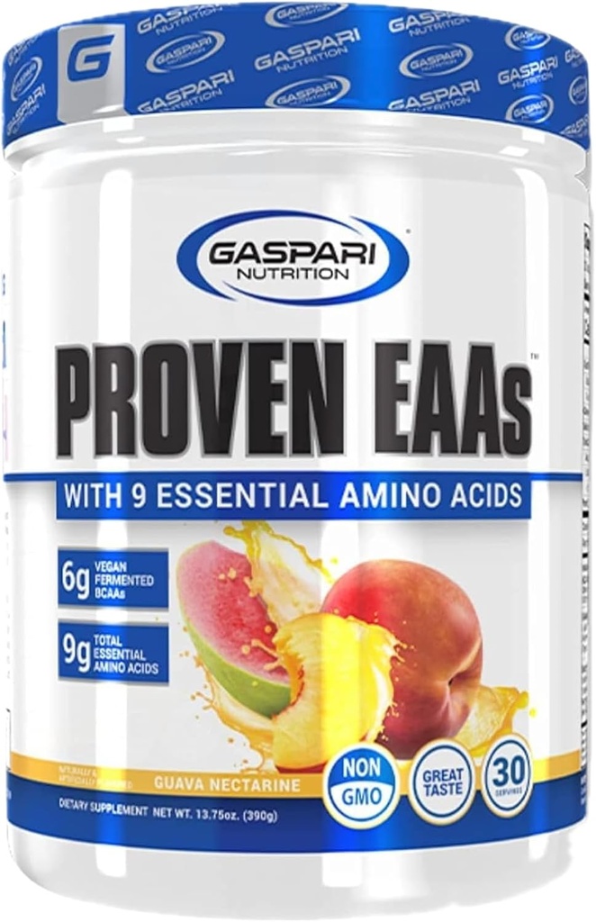 Gaspari Nutrition Proven EAA, végétalien fermenté EAA, améliore la récupération et réapprovisionne électrolytes, non OGM (30 portions, nectarine de Guava)